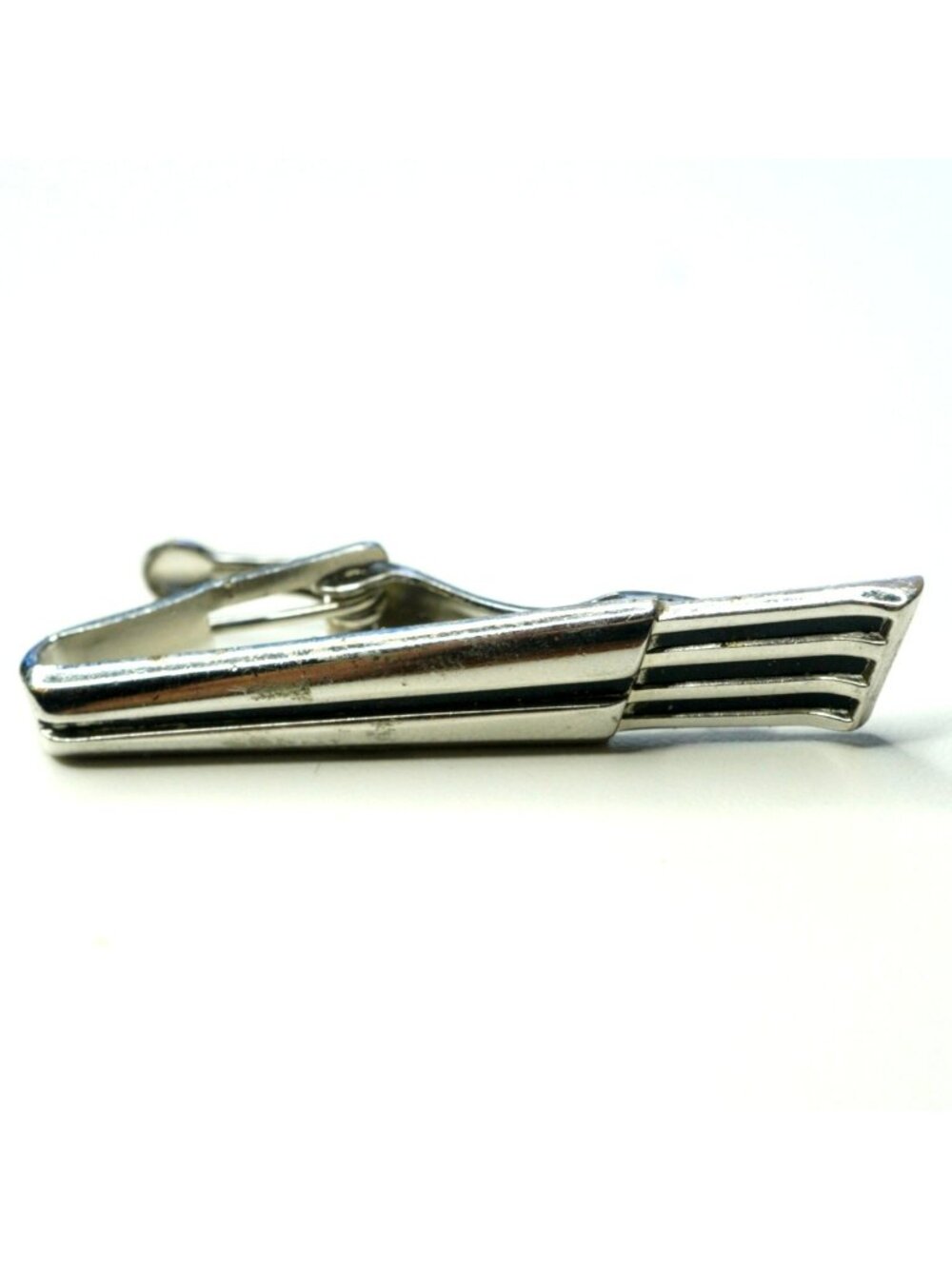 Vintage Foster Silver Tone Modernist Tie Clip Geometric Striped Tie Bar